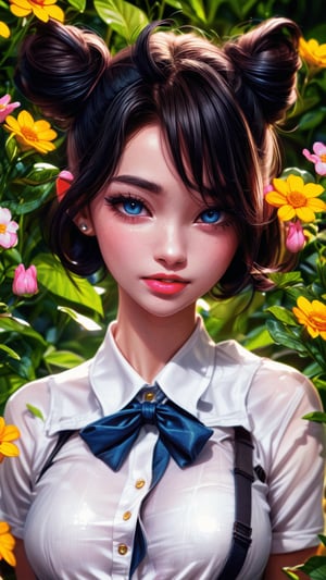 (masterpiece, best quality:1.4), ultra-detailed, dimly lit, glow, lights, (depth of field), perfect face, detailed face, pink lips, glossy lips, makeup, expressive eyes, blue eyes, a beautiful Korean girl, Cute Loose Bob hair, natural breasts, beautiful body, wearing school uniform, (At School), (in the Autumn flowers garden), sexy smile, The sky was full of beautiful clouds, closed up