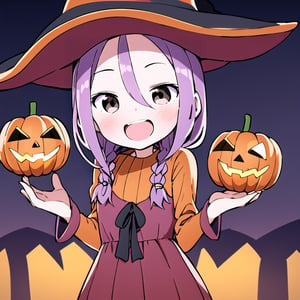 masterpiece, best quality, kasaharaSumire, 1girl, solo, brown eyes, purple hair, twin_braids, hair_between_eyes, witch_hat, dress, halloween, night, jack-o'-lantern, holding, smile, open mouth, upper body