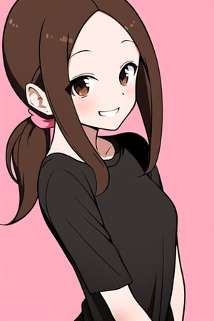 masterpiece, best quality, 1girl, solo, looking at viewer, smile, grin, brown hair, low ponytail, shirt, brown eyes, sidelocks, parted bangs, black shirt, forehead, simple_background, pink_background, sunlight, anime coloring, small_breast