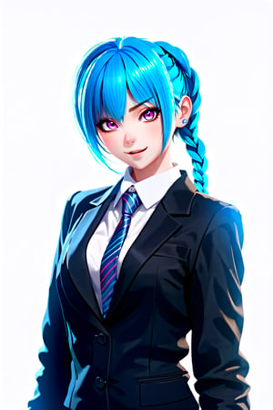 jinx, girl, white background, office style, full face, looking at the viewer, blue hair braided, pink eyes, two-piece suit, black jacket, shirt, tie,realistic, high quality