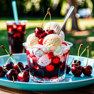 RAW photo, cherry cola float, hot summer day, food photo, DSLR, fresh cherries and a scoop of vanilla ice cream garnish, soft lighting, high quality, film grain, Fujifilm XT