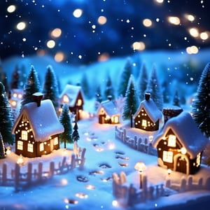 magical miniature winter village, covered in a blanket of snow with tiny cottages and glowing lanterns. Cool, icy tones with twinkling lights. Background with a starry night sky and snow-covered trees. Details include tiny footprints in the snow, delicate snowflakes, and frosted windowpanes.