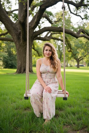 A natural portrait of a woman in a flowing bohemian dress, sitting on a swing beneath a large oak tree in a meadow, dappled sunlight falling through the leaves, soft breeze in her hair, dreamy and calm atmosphere. Earthy color palette, cinematic lighting, hd quality
