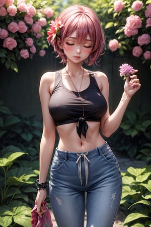 (masterpiece, best quality), 1girl, Watermelon pink Caesar Cut with High Fade, Size B breasts, Lilac Pink Tie-dye tank top and High-waisted denim jogger pants with a drawstring waist, tube socks, Standing in a garden, smelling a flower, with closed eyes, enjoying the fragrance.
