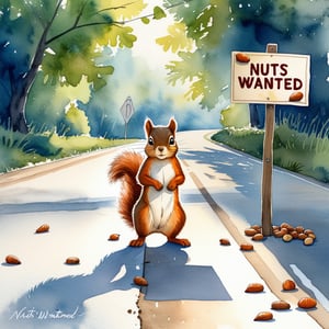 Sony A7, soft lighting. 

A squirrel standing on the side of the road with a sign that says "Nuts wanted"

soft watercolor.