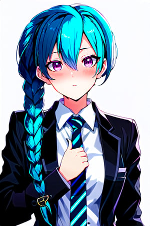 jinx, girl, white background, office style, full face, looking at the viewer, blue hair braided, pink eyes, two-piece suit, black jacket, shirt, tie