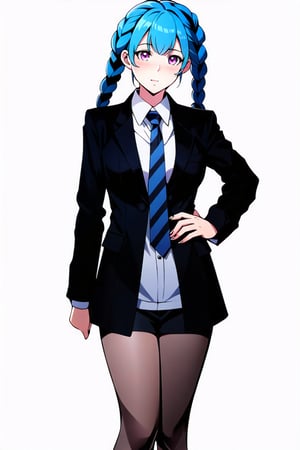 jinx, girl, white background, office style, full face, looking at the viewer, blue hair braided, pink eyes, two-piece suit, black jacket, shirt, tie