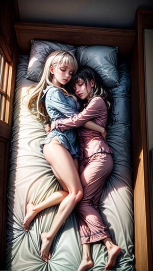 2girls, 2teens, front, lying on bed, looking from above, sleeping, pajama, full body, hugging, 
