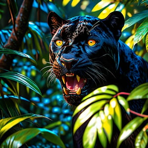 (cinematic lighting, extremely detailed, high detail, hires textures, incredibly detailed, intricate details, masterpiece, photorealism, true masterpiece,  Intricately designed, night dark), (jungle, lush plants), (black panther, hiding in leaves, glowing yellow eyes, open mouth, fangs, angry, drool)