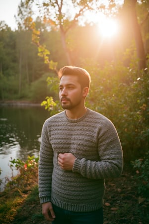 A cinematic film photograph of a man in a cozy knit sweater, standing at the edge of a misty forest during sunrise, golden light breaking through trees, soft shadows on his face, serene expression, slightly turned to the side. Rich color tones, slight film grain, hd quality