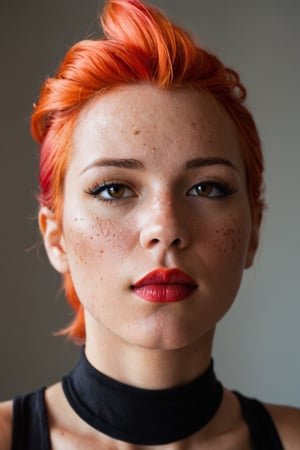 In a gritty, noir-inspired setting of a dimly lit speakeasy, the woman known as 0TT1L13, with her fiery red hair cascading down her back, is captured in a close-up portrait. Her eyes, framed by thick black eyeliner and mascara, smolder with an intensity that could ignite a flame. Her lips, adorned with a bright red lipstick, are parted slightly, revealing a single mole above the cupid's bow and a scattering of freckles across her nose. The camera angle is low, looking up at her from below, highlighting the mysterious allure of the woman. The background is blurred, focusing attention on her upper body, clad in a form-fitting black dress with gold accents, which accentuates her hourglass figure. The spotlight casts deep shadows across her face and neck, creating an eerie ambiance that mirrors the enigma she presents, leaving the viewer captivated by her raw emotion and enigmatic charm.