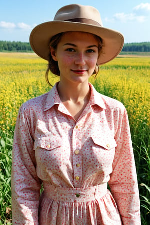 girl in a hat, in a dress Russian patterns, freckles, cornfield, nature background, beautiful landscape, retro style, fashion, magazine cover, professional quality, aesthetics, gentle, beautiful, realism,high detail,high quality, 64k, high resolution, professional photo