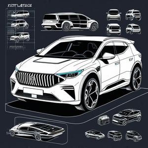 A futuristic blueprint-style illustration, sleek vehicle design with mechanical details, labeled parts, and dimensions. Background with a clean, technical grid. Monochrome color scheme, precise line work, technical drawing tools, vector clarity, industrial design influence.