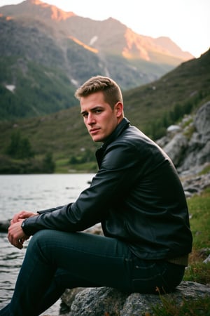 A film-style photograph of a man in a leather jacket, sitting on a rock by a mountain stream, the light from the setting sun reflecting off the water, rugged landscape behind him, intense gaze, deep shadows. Moody, realistic lighting, subtle film grain, hd quality
