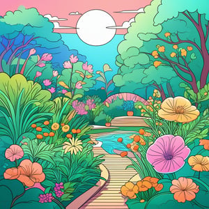 An intricate SVG illustration of a botanical garden, detailed flowers, and plants, line art with varying thickness. Background with subtle shading. Soft pastel colors, natural gradients, smooth curves, digital pen tools, vector precision, organic flow.