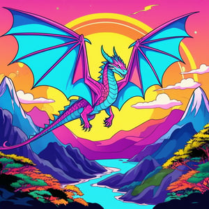 A detailed vector art of a fantasy dragon, scales with intricate patterns, wings spread wide, in mid-flight. Background with a mystical mountain landscape. Rich colors, precise shading, dynamic lighting, smooth vector gradients, fantasy art style, fine line details.