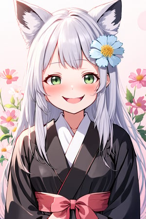 gorgeous lips, (masterpiece), (best quality), (ultra-detailed), very aesthetic, perfect composition, girl looking at viewer, smiling girl, solo, fox ears, ear hair, silver hair, hair between eyes, long sideburns, (long hair reaching to shoulders), super long hair, long hair, green eyes, droopy eyes, voluminous hair, long hair, blushing, smiling, spring kimono, flower hair accessory, light blue small flower, Scabiosa flower background,