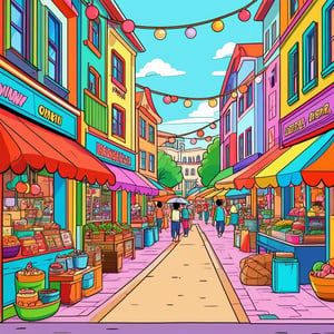 A whimsical illustration of a bustling market street, cartoonish characters, and lively activities. Background with vibrant stalls and hanging decorations. Bright colors, playful lines, hand-drawn aesthetics, vector brushwork, detailed environment, joyful atmosphere.