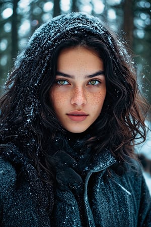 A portrait of a girl, wavy hair, black hair, Green eyes, standing in a forest in winter, warm clothes, looking at viewer, snow flakes,, freckles, pale skin, realistic, photo, golden hour, cinematic lighting, celluloid film skintone color style, earthy colors, blue colors