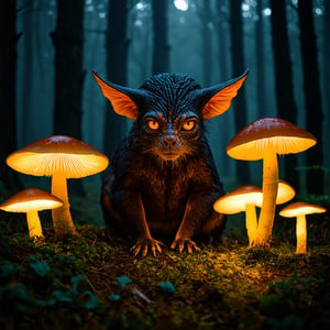 gothic horror style the image showcases a fantastical creature with elongated ears, prominent eyes, and a wrinkled skin texture. the creature appears to be in a forest setting, surrounded by glowing mushrooms that emit a soft light. the creature is gazing at the mushrooms with a contemplative expression. the background is dimly lit, creating an ethereal and mysterious ambiance. . eerie mansions, supernatural occurrences, high emotions, dark and moody atmospheres