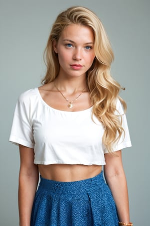  Realistic photo of a beautiful h4nn4hk woman, 1girl, solo, long hair, looking at viewer, blue eyes, skirt, blonde hair, jewelry, day, necklace, bracelet, lips, realistic, professional Photography, Photorealistic, detailed, RAW, analog, sharp focus, high quality, film grain