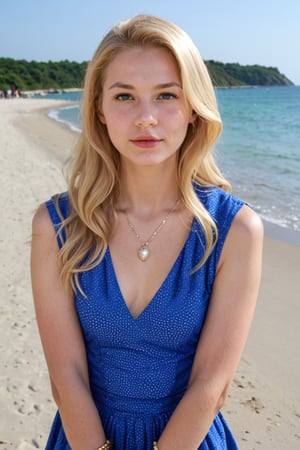 Realistic photo of a beautiful h4nn4hk woman, 1girl, solo, long hair, looking at viewer, blue eyes, skirt, blonde hair, jewelry, day, necklace, bracelet, lips, realistic, professional Photography, Photorealistic, detailed, RAW, analog, sharp focus, high quality, film grain