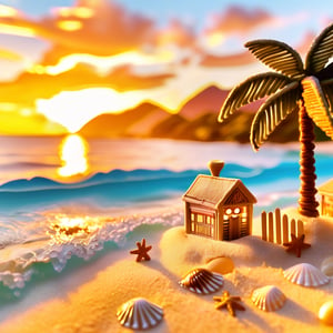 A serene miniature beach world, with small waves lapping against the shore, tiny beach huts, and palm trees swaying gently. Warm, sandy tones with a golden sunset. Background with soft clouds and distant mountains, enhancing the small scale. Details include tiny seashells, intricate sand patterns, and delicate waves.