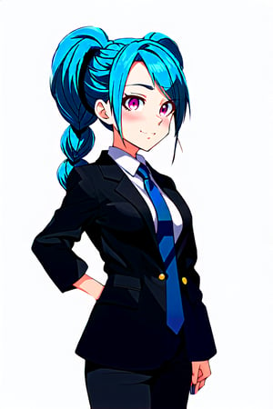 jinx, girl, white background, office style, full face, looking at the viewer, blue hair braided, pink eyes, two-piece suit, black jacket, shirt, tie,realistic, high quality