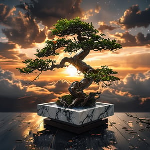 light and space style {best quality, high resolution, realistic, dynamic angle, vray, busy marble, hyperdetailed bonsai, stormy, fuji, sunset garden concept art} . perceptual phenomena, immersive, minimal, detailed