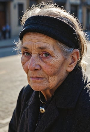 photography, city street, closeup portrait photo of old woman in dark clothes, sunny, daylight, fog, Fujifilm XT3, Canon R5, Fujicolor Fujichrome Velvia 100