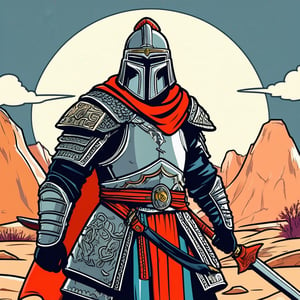 A stylized drawing of an ancient warrior, strong pose, detailed armor, and weapons. Background with a desolate battlefield. Bold lines, dramatic shadows, muted colors, traditional sketching techniques, vector conversion, historic themes, intense expression.