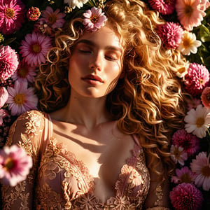 A raw photo of a woman with golden curly hair wears a delicate pink and gold dress accentuated by pink lace, ethereal lighting,  detailed face, laying in a bed of flowers, golden hour, view from above, best quality, HD, highly detailed, macro photography, extreme close-ups, intricate details, unseen worlds, capturing texture, emphasizing details, revealing beauty in small things, professional lighting, precise focusing, artistic expression, immersive experience, expert technique