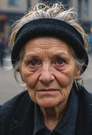 photography, city street, closeup portrait photo of old woman in dark clothes, sunny, daylight, fog, Fujifilm XT3, Canon R5, Fujicolor Fujichrome Velvia 100