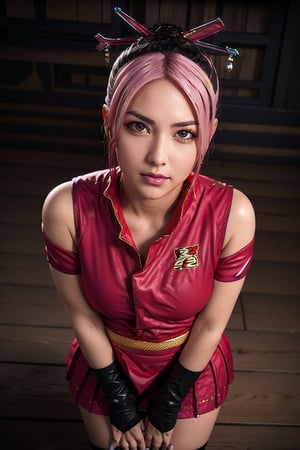 masterpiece, best-quality, photorealistic, 1girl, sakura haruno, hairband, short hair, (pink hair:1.2), (small breast:1.2), bare shoulders, (gloves:1.2), forehead protector,  konohagakure symbol, ninja, (red shirt:2), shirt, (black short skirt:1.5), (jade green eyes:1.2), (tight shorts:1.2), sleeveless shirt, from above, detailed face, detailed eyes, fine detailed, dslr