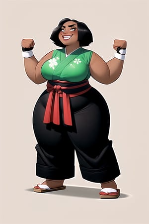masterpiece, best quality, (mature female, plump, curvy figure, wide hips, thicc, large breasts), ((shortstack)), (short hair, tomboy), black hair, thick eyebrows, ((tan, dark skin)), martial artist, (((hip vent))), ((japanese clothes, baggy pants)), excited, smiling, blushing, ((fighting stance)), dynamic angle, illustration, ((ink)),