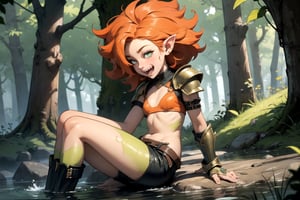 1girl, goblin girl, green skin, fangs, tall, (small breasts, flat chest), wide hips, petite, ((cute, pretty face)), ((orange hair)), ((big hair, messy hair)), 

leather armor, leather shorts, over the knee boots, happy, playful, excited, 

in a forest with trees and a stream, large stones, altar with ancient writings, ((perfect_hands)), ((perfect_legs)), Goodhands-beta2, ((dynamic angle)), closeup shot, gobgirlz