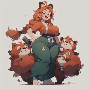 anime illustration, cute, chubby, ((martial artist, monk)), 1girl, happy, ((shortstack, curvy figure, overweight, large breasts, thicc)),  (orange hair, big hair, messy hair, big twin braids), thick eyebrows,  red-panda girl, anthro, furry, animal ears, long tail, (baggy pants, shin pads), full body, 