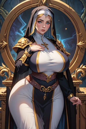 illustration of a milf nun, ((wearing warcraft style fantasy armor)), (thicc, curvy figure, huge breasts, wide hips), 2d fantasy illustration with an art nouveau background, dramatic lighting, celestial theme, milfication, mature,