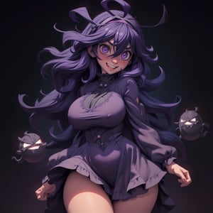 anime, occult, long hair, ahoge, hairband, @ @, 1girl, goth girl, black hairband, dress, messy hair, smile, huge breasts, wide hips, thick thighs, revealing clothing, skindentation, hair between eyes, looking at viewer, solo, bangs, dark purple hair, alternate breast size, open mouth, purple eyes, long sleeves, occult, mania girl, cowboy shot, simple dark background, glowing ghost eyes in background, arms behind body, (masterpiece:1.4), (best quality:1.4), ((blushing)), heavy breathing, 