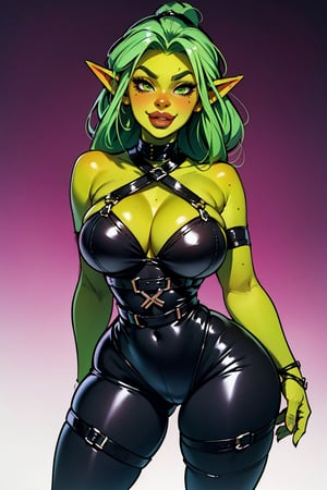 1girl, gothic girl, shewoworc, orc girl, green skin, tight clothing, skindentation, black leather, harness straps, wide hips, cury figure, full lips, tusks, cute pose, aroused, blushing, smirk, b1mb0, 