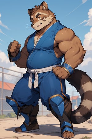 ((1male, fighter, long pants, solo)), (((chubby, bara stocky:1.3, short))), (round_face, thick eyebrows), soft smile, (tanuki, raccoon boy), full body shot, (wrist cuffs), ((brown fur, blue monk clothes)), (((shin guards))), (front_view), (chubby_face:0.8), male focus, fighting stance, best quality, masterpiece, intricate details, Anime,nj5furry