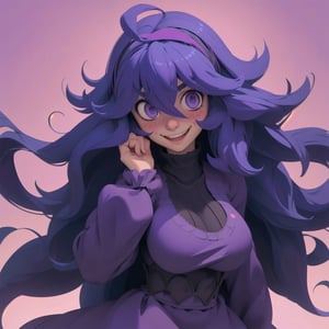 anime, occult, long hair, ahoge, hairband, @ @, 1girl, purple hairband, dress, messy hair, smile, breasts, hair between eyes, looking at viewer, solo,bangs, purple hair, alternate breast size, huge breasts, open mouth, purple eyes, simple background, long sleeves, occult, mania girl, cowboy shot, (masterpiece:1.4), (best quality:1.4), blushing, heavy breathing, 