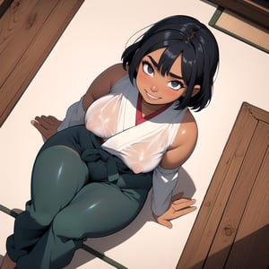 masterpiece, best quality, (mature female, plump, curvy figure, wide hips, thicc, large breasts), ((short)), (short hair, tomboy), black hair, thick eyebrows, ((tan, dark skin)), martial artist, (((hip vent, japanese clothes, dougi, baggy pants))), fingerless gloves, (clothes around waist, sports-bra), happy, ((sitting on floor)), looking at viewer, smiling, blushing, soft eyes, ((dynamic angle, from above)), manga style illustration,
