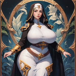 illustration of a milf nun, ((wearing warcraft style fantasy armor)), (thicc, curvy figure, huge breasts, wide hips), ((art nouveau)), dramatic lighting, celestial theme, milfication, mature,