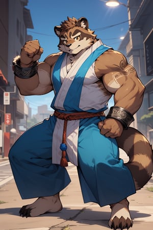 ((1male, fighter, long pants, solo)), (chubby:1.0, bara stocky:1.3, short, round_face, thick eyebrows, soft smile), (tanuku, raccoon boy), full body shot, (wrist cuffs), ((brown fur, blue monk clothes, shin wraps)), (front_view), (chubby_face:0.8), male focus, fighting stance, best quality, masterpiece, intricate details, Anime,nj5furry