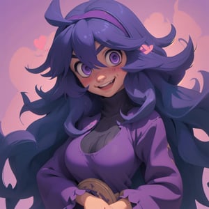 anime, occult, long hair, ahoge, hairband, @ @, 1girl, purple hairband, dress, messy hair, smile, breasts, hair between eyes, looking at viewer, solo,bangs, purple hair, alternate breast size, huge breasts, open mouth, purple eyes, simple background, long sleeves, occult, mania girl, cowboy shot, (masterpiece:1.4), (best quality:1.4), blushing, heavy breathing, 