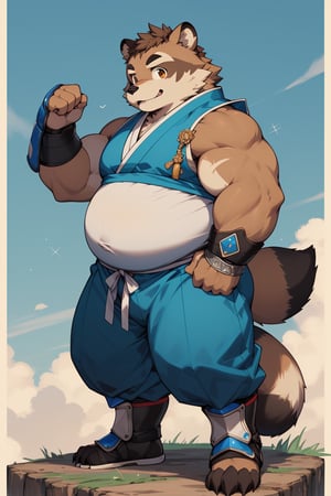 ((1male, fighter, long pants, solo)), (((chubby, belly, bara stocky:1.3, short))), (round_face, thick eyebrows), soft smile, (tanuki, raccoon boy), full body shot, (wrist cuffs), ((brown fur, blue monk clothes)), (((shin guards))), (front_view), (chubby_face:0.8), male focus, fighting stance, best quality, masterpiece, intricate details, Anime,nj5furry