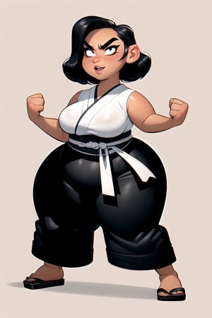 best quality, (mature female, plump, curvy figure, wide hips, thicc, large breasts), ((shortstack)), ((pretty face)), short hair, tomboy, black hair, thick eyebrows, ((tan, dark skin)), martial artist, (((hip vent))), ((japanese clothes, baggy pants)), excited, blushing, ((fighting stance)), cartoon illustration, ((ink)),