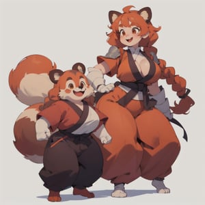 anime illustration, cute, chubby, ((martial artist, monk)), 1girl, happy, ((shortstack, curvy figure, overweight, large breasts, thicc)),  (orange hair, big hair, messy hair, big twin braids), thick eyebrows,  red-panda girl, anthro, furry, animal ears, long tail, (baggy pants, shin armor), full body, 