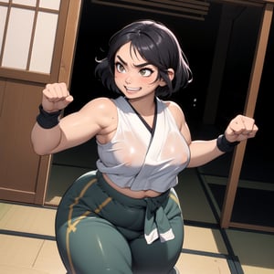 masterpiece, best quality, (mature female, plump, curvy figure, wide hips, thicc, large breasts), ((short)), (short hair, tomboy), black hair, thick eyebrows, ((tan, dark skin)), martial artist, (((hip vent, japanese clothes, dougi, baggy pants))), fingerless gloves, (clothes around waist, sports-bra), excited, smiling, blushing, action pose, ((fighting_stance)), dynamic angle, manga style illustration,